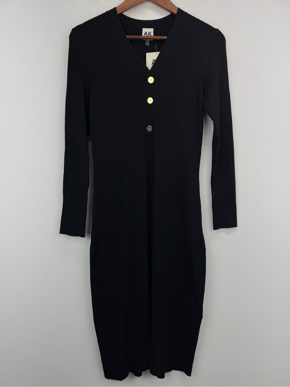 Anne Klein size Medium Women’s Black Ribbed Long Sleeve V-neck Sweater Dress NWT